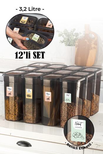 Vienev Set of 12 Peggy Rectangular Storage Container with Colorful Labels 3.2 Liters Anthracite