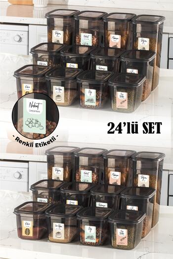 Vienev Set of 24 Peggy Rectangular Storage Containers with Colorful Labels 8x(1.3-2-3.2 Liters) Anthracite