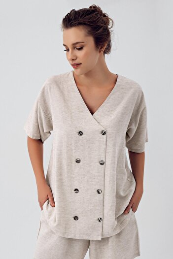 Artış Women's Linen Short Sleeve Double Breasted Oversize Shirt