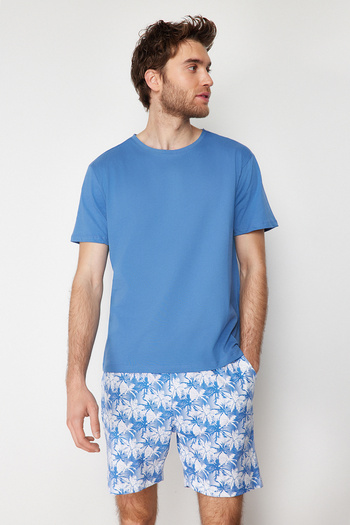 Trendyol Collection Μπλε 100% βαμβακερό σετ πιτζάμες με στάμπα παλάμης με σορτς THMSS21PT0331