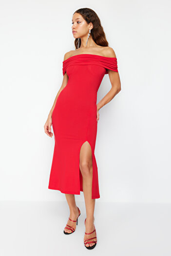 Trendyol Collection Piros testhez simuló kötött elegáns estélyi ruha TPRSS24EL00113