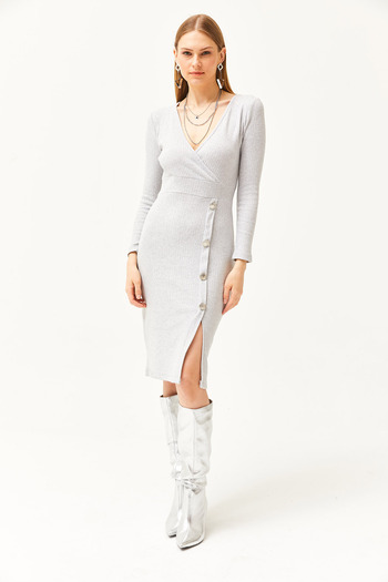 Olalook Women's Gray Double Breasted Collar Slit Button Detailed Raised Dress ELB-19002052