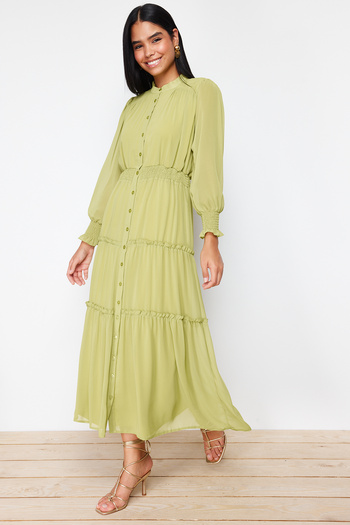 Trendyol Modest Φόρεμα υφαντό πουκάμισο με επένδυση από σιφόν με πράσινα μανίκια και λεπτομέρεια Gipe στη μέση TCTSS24EB00046