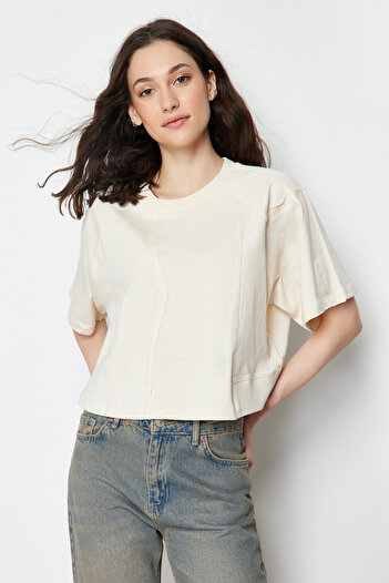 Trendyol Collection Stone 100% Thick Cotton Cut-Out Detail Relaxed/Casual Fit Crop Knitted T-Shirt Twoss24Ts00025