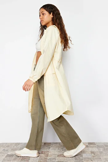Trendyol Collection Light Yellow Long Raincoat Coat - Oversize Hooded, Water Repellent TWOAW24MO00256