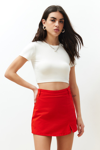 Trendyol Collection Denim Red Slit Shorts Skirt - Twoss23Sr00091