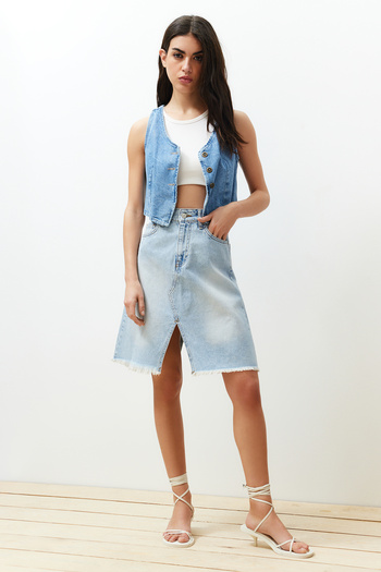 Trendyol Collection Kék varrású részletes farmerszoknya TWOSS24ET00094
