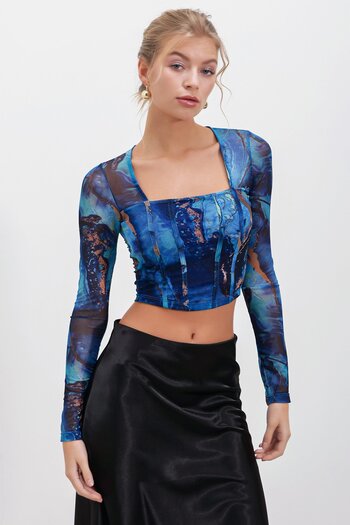 HAKKE Square Collar Tulle Crop BLUZ