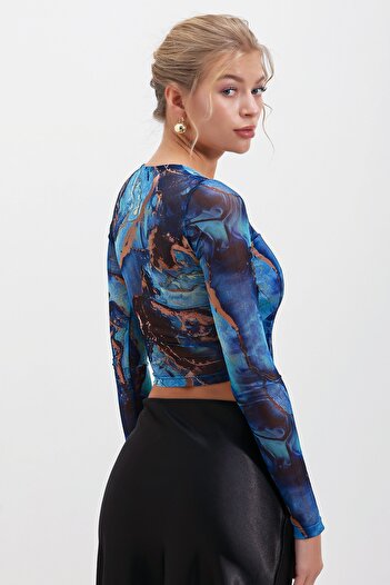HAKKE Kare Yaka Tül Crop BLUZ