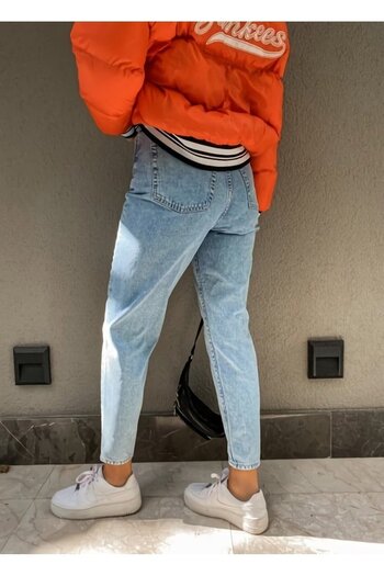 Geppetto Leo Ngbutika - Blugi albastru deschis cu talie înaltă Lycra Mom Jeans, extra elastici