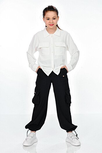 RAMON&ARTOS Palazzo Parachute Leg Clip Rubber Adjustable Girl's Trousers with Cargo Pockets