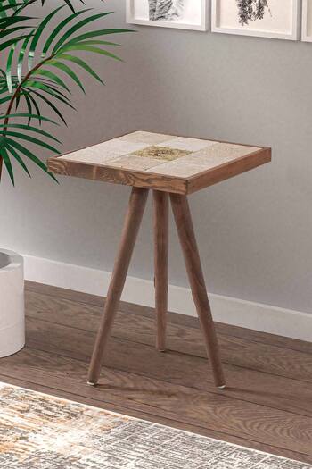 bluecape Traverten Taş Yaşam Ağacı Baskılı 32x32cm Ceviz Dekoratif Sehpa