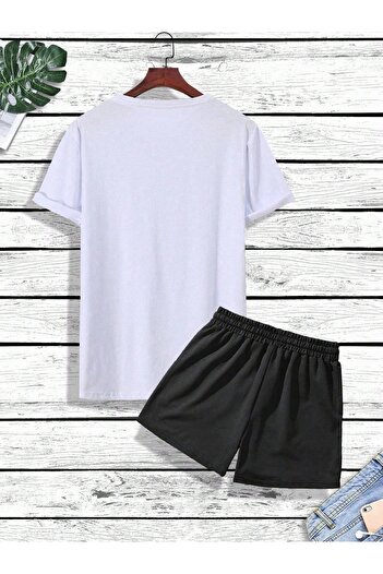Mythologie Paris Je T'aime T-Shirt Shorts Combination Set - White Black Printed Oversize Crew Neck