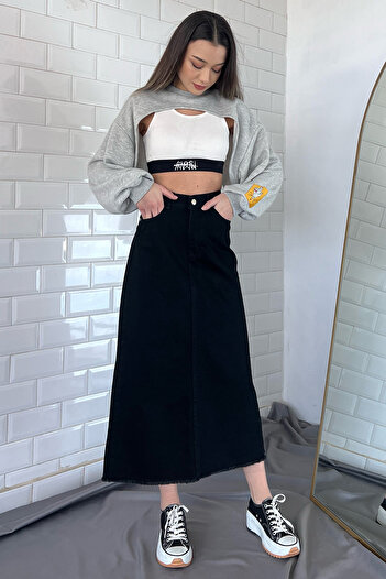GÜLSELİ Black Tasseled Jean Denim Skirt