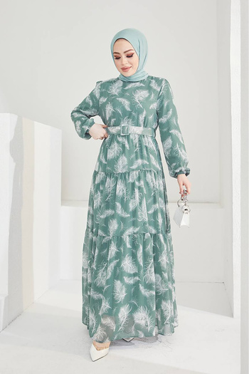 Neşeli Butik γυναικείο καλοκαιρινό print islamic φόρεμα με ζώνη SMS030 - Mint