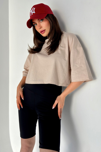 MODAGEN Women's Oversize Beige Crop T-shirt