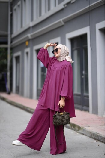 NS Moda Hijab Candy Tunic Trousers Set Purple Model-510
