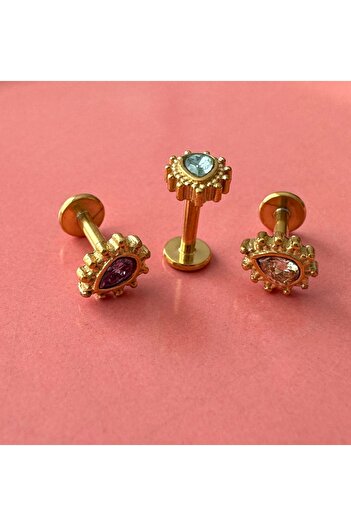 Amor Center Su Damlası Renkli Taşlı Çelik 316L Tragus Kıkırdak Küpesi-Dudak Piercing