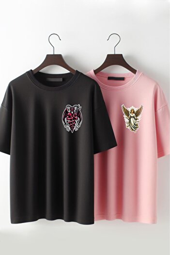Vordevia Μπλουζάκι Lover Combination Oversize με στάμπα Angel and Devil
