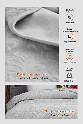 Evlen Home Collection 3 Kg Embos Printed Pamela Thick Double Blanket 230x240 Cm Gray