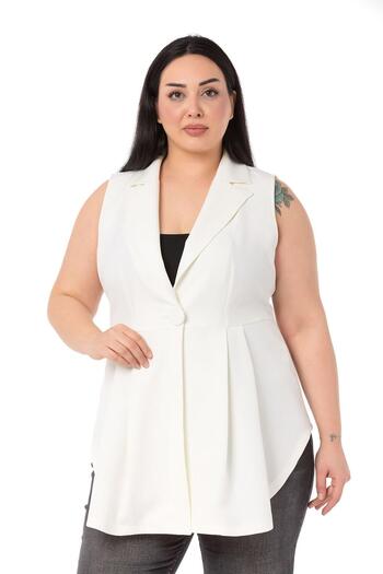 DISENTIS MODEST Large Size Covered Buttoned Skirt Pleated Short Back White Vest
