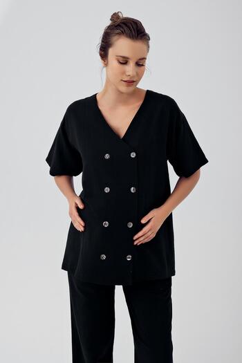Artış Women's Linen Short Sleeve Double Breasted Oversize Shirt