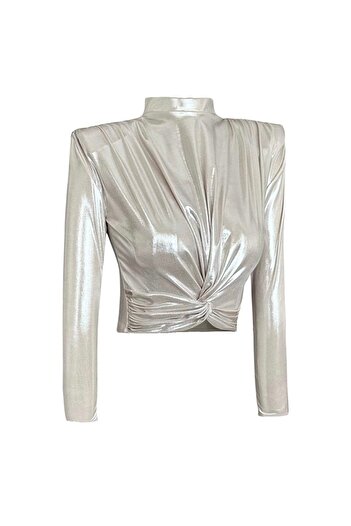 Gira official Metallic Cream Padded Long Sleeve Knotted Short Blouse