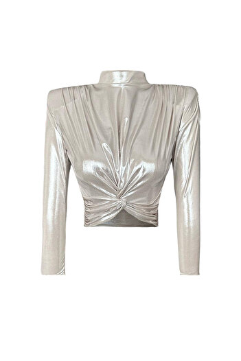 Gira official Metallic Cream Padded Long Sleeve Knotted Short Blouse