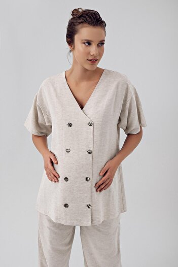 Artış Women's Linen Short Sleeve Double Breasted Oversize Shirt