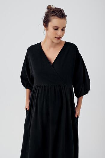 Artış Linen Half Balloon Sleeve Double Breasted Maternity Dress