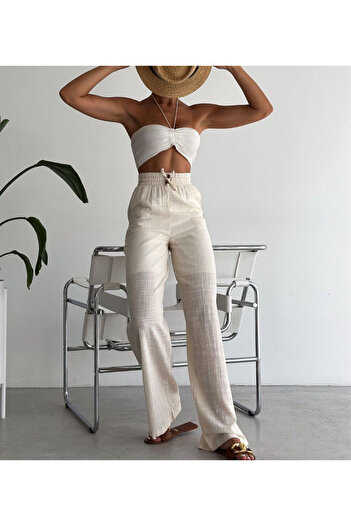 GÜNTAY Women's Lace-Up Lined Flared Cotton Palazzo Trousers
