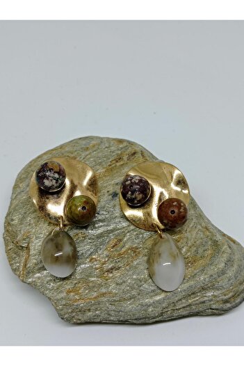 mama india alaçatı Round Design Gold Color Brass Stylish Earrings with Seashell and Jasper Stones No:46