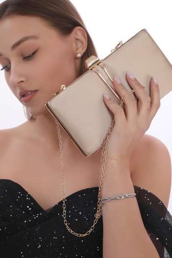 womenacs Bronze Color Satin Evening Dress Clutch Portfolio with Hand and Hanger Night Wedding Engagement Bag with Metal Accessories