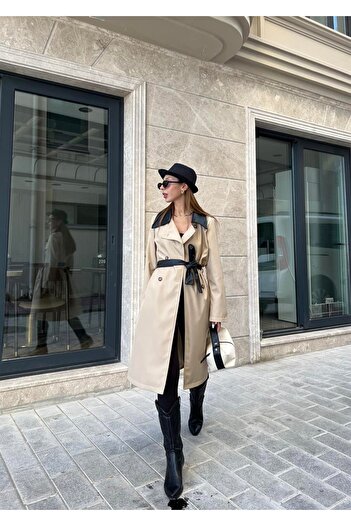 AÈC PRIVÈ Women's Lined Double Breasted Collar Leather Detailed Premium Quality Trench Coat 7777