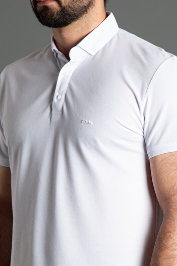 ZEKİ ÖZER Men's White Textured Buttoned Polo Collar T-shirt
