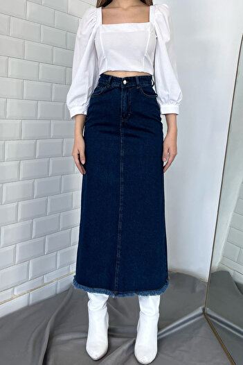 GÜLSELİ Navy Blue Tasseled Jean Denim Skirt