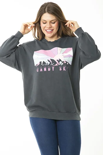 Şans Women's Large Size Smoked Digital Printed Sweatshirt 65N37159