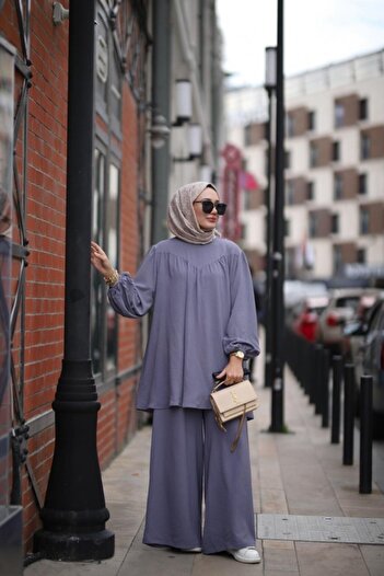 NS Moda Tesettür Şeker Tunik Pantolon Takım Gri Model-510