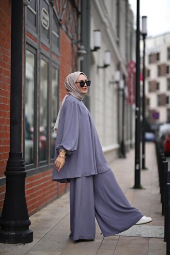NS Moda Tesettür Şeker Tunik Pantolon Takım Gri Model-510