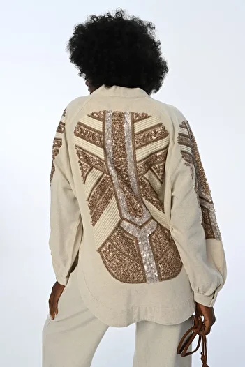 FEMELLE Women's Beige Standard Size Full Sequin Sequin and Embroidery Linen Kimono Jacket