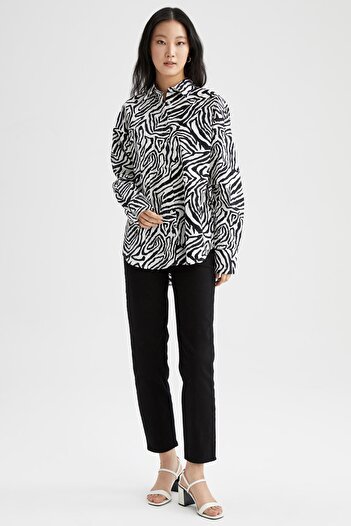 DeFacto Oversize Fit Zebra Patterned Long Sleeve Poplin 100% Cotton Shirt W7702az22sm
