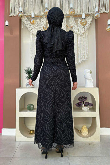 Bym Fashion Dal Desenli Simli Tül Abiye Elbise 1140 Siyah
