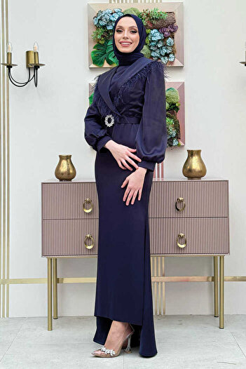 Bym Fashion Satin Evening Dress with Feather Train Belt Accessories 3869 Navy Blue