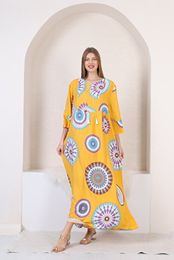 mervemoda Women's large size three quarter sleeve long woven dress