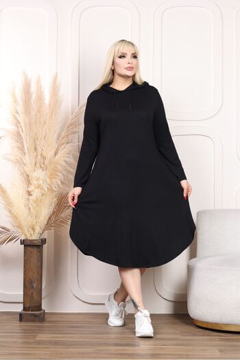 Butik Nilyam Women's Large Size Plain Hooded Basic Dress 23002 Black