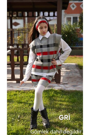 Meriç bebe Girl's Waiter 3-Piece Knitwear Set with Plaid Hairband, Skirt, Open Sides and Tie Detail Sweaters