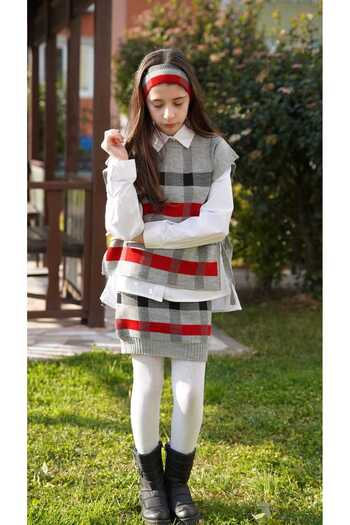 Meriç bebe Girl's Waiter 3-Piece Knitwear Set with Plaid Hairband, Skirt, Open Sides and Tie Detail Sweaters