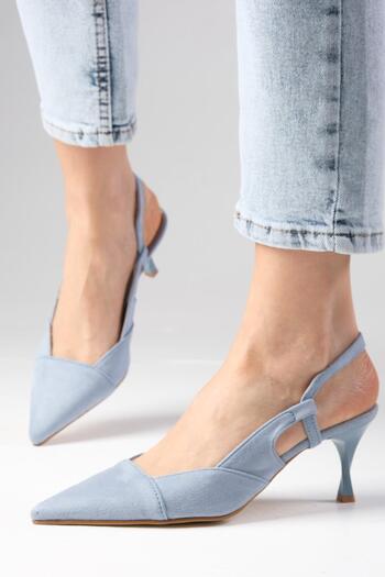 Mio Gusto Megan Blue Color Pointed Toe Open Back Thick Heeled Shoes