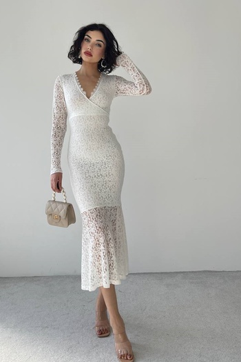 lovebox Țesătură de dantelă pentru femei, cu design guipur, cu guler dublu, căptușită, rochie de seară albă midi 218