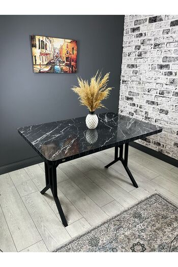 hey modüler mobilya Handan Siyah Mermer Mutfak Yemek Masası Balkon Masası Kavisli Köşe Metal 110*70 cm